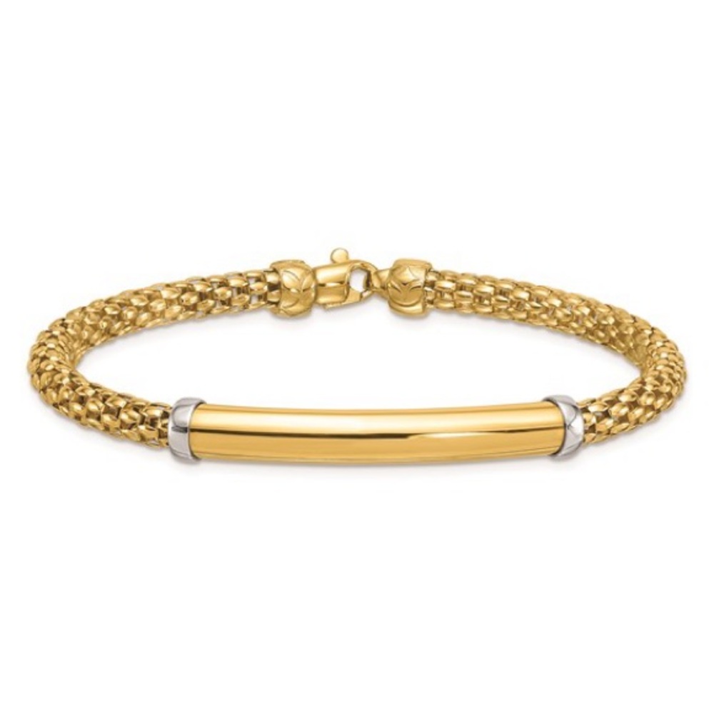 14K Two-tone Polished Popcorn Mesh Bar 7.5 inch Bracelet - Picture 6 of 10